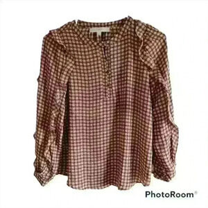 Loft red design/pattern ruffle long sleeve blouse size xs petite